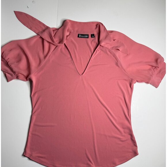 7th Avenue Design Studio Pink V-Neck Raglan Sleeve Top With Tie Collar & Ruched - Picture 1 of 7